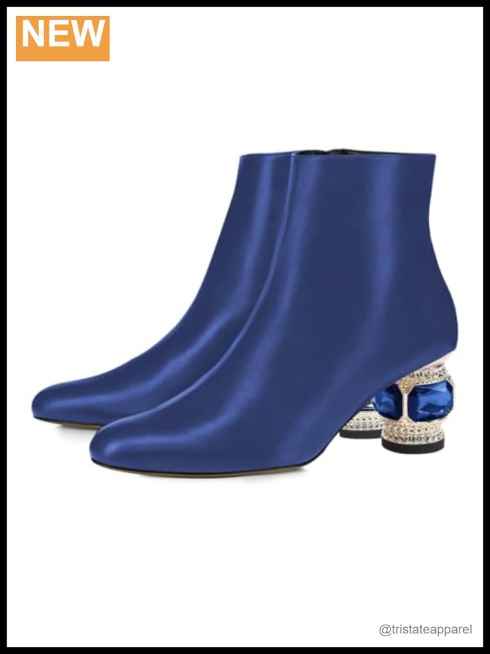 Women Crystal Block Low Heel Ankle Boots Round Toe Side Zipper Bootie
